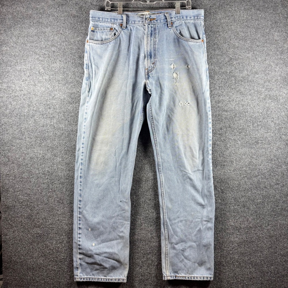 Levis 505 Regular Fit Jeans Mens 38x34 Light Wash Distressed Denim Straight Leg